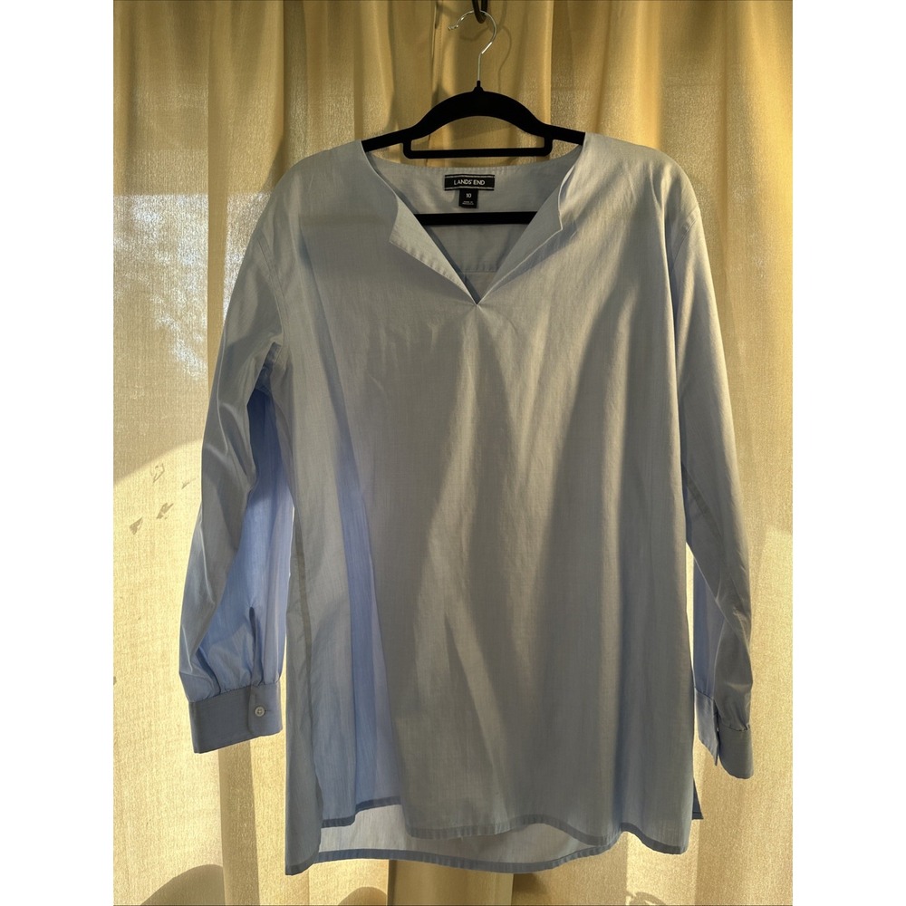 Lands' End Split‎ Neck Cotton Chambray Tunic Shirt Size 10 Lightweight Coastal